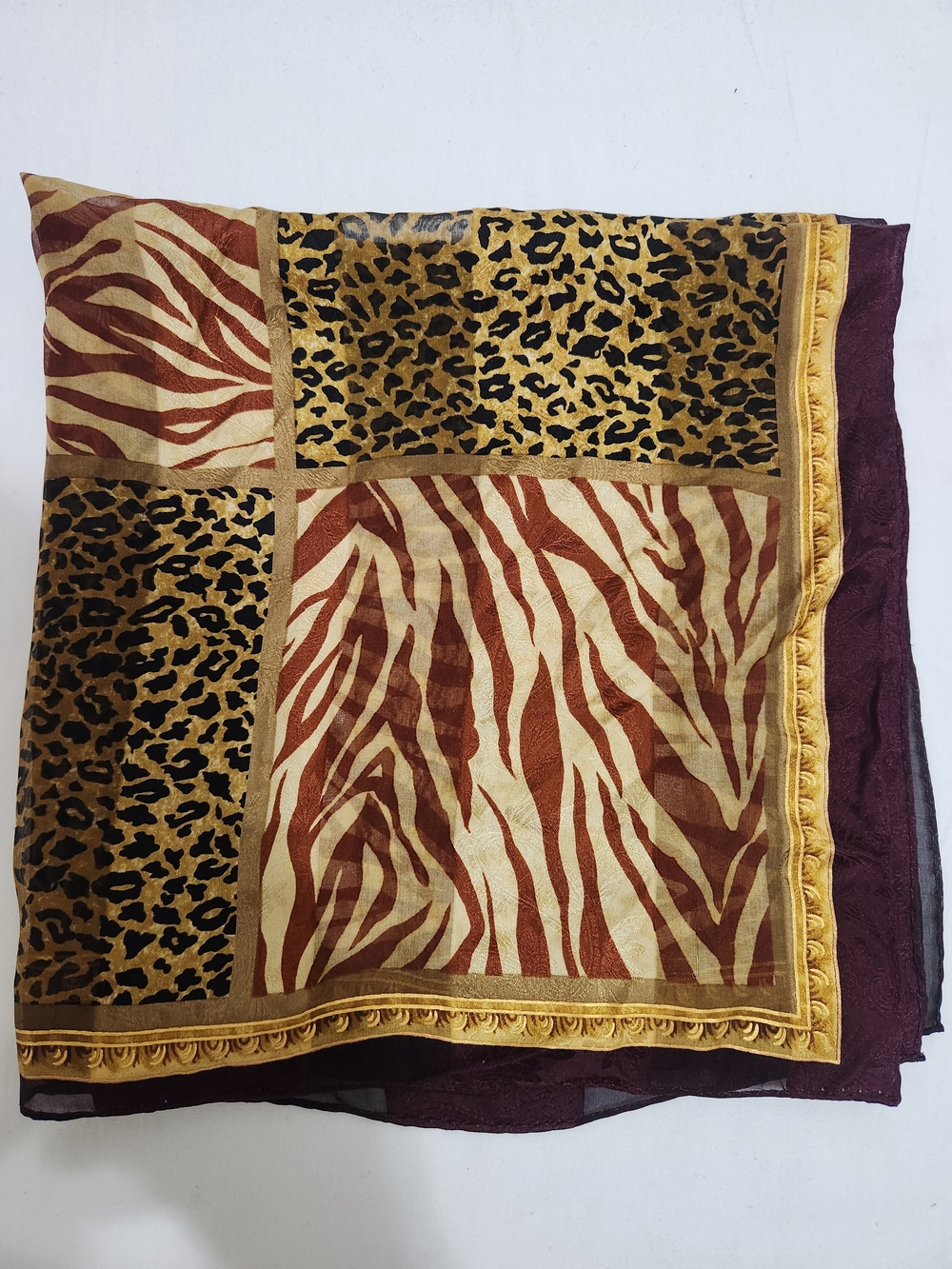 Vintage Jones New York  Animal Print Patchwork Silk Scarf - Gold,Brown, Burgundy